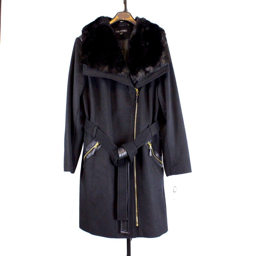 Via Spiga Coat Black Faux Fur Collar, Faux Leather Trim & Accent Sz 20W REG $440